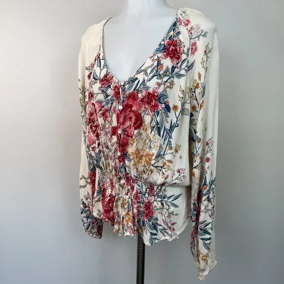 Billabong Top Small Play Day Blouse Floral Pink Ivory Long Sleeve Women's - Picture 4 of 14